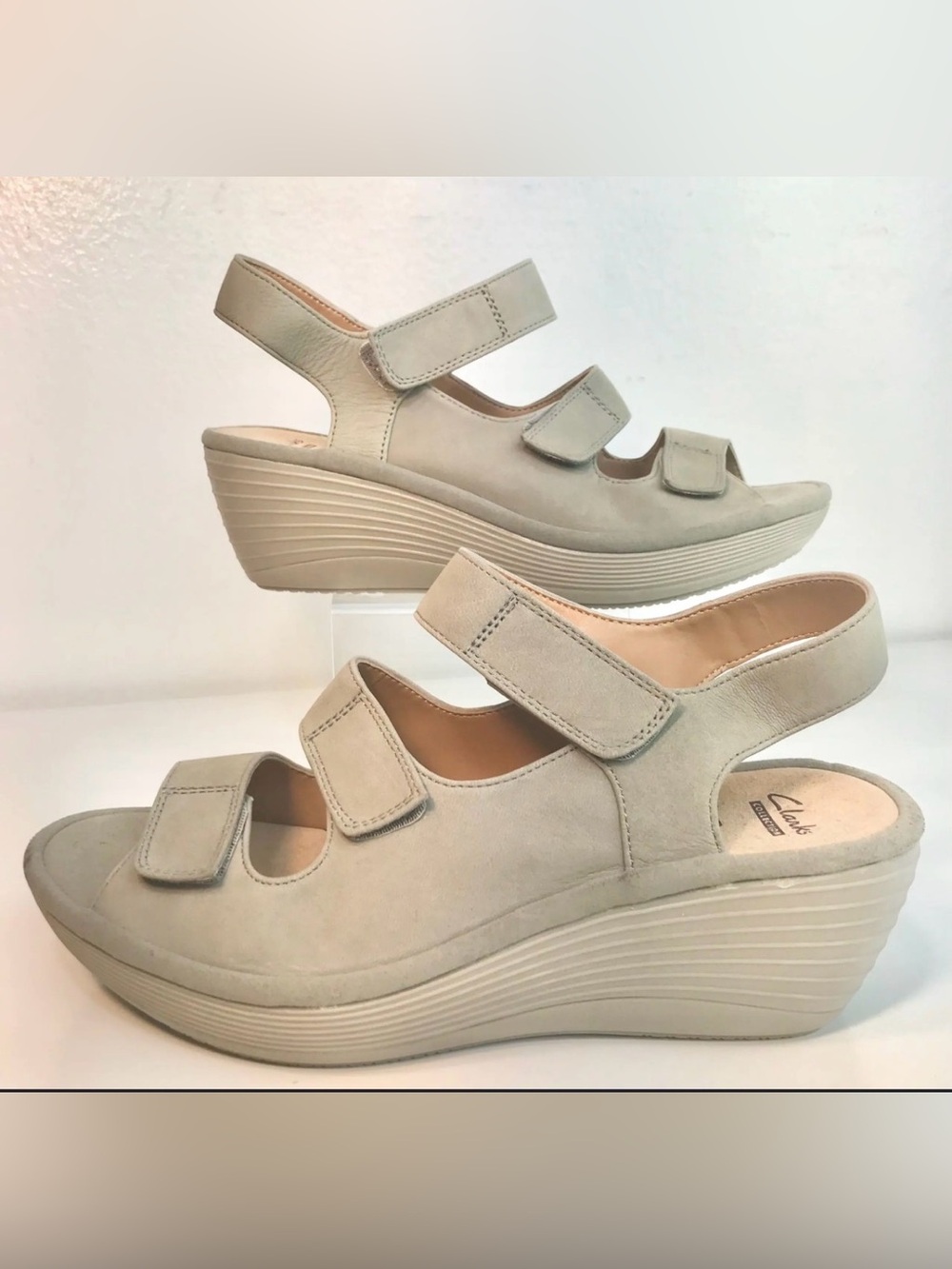 Clarks Light Beige Wedge Sandals with Velcro Straps